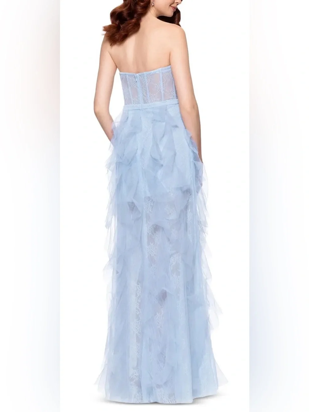 Aqua Strapless Light Blue Ruffled High-Slit Tulle Gown